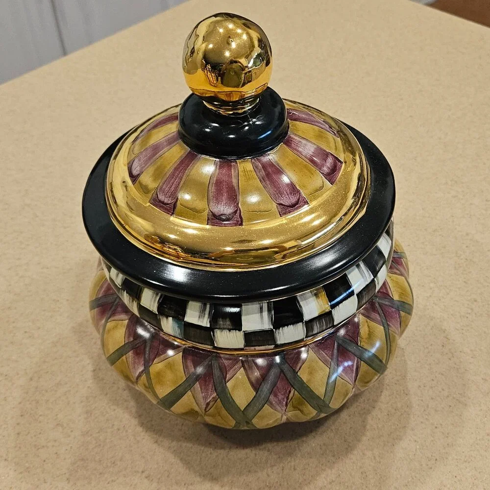 RARE MACKENZIE CHILDS ARGYLE PLAID AURORA CERAMIC GROOVY CANISTER JAR DISH